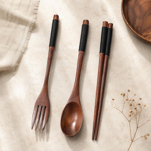 Japanese Wooden Cutlery Set, Spoon Fork Chopsticks Travel Utensils, Eco Friendly Sushi Tableware Gift Set
