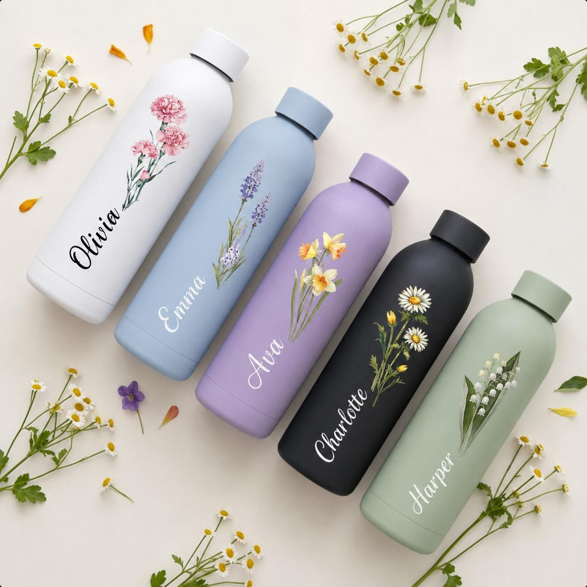 Personalized Birth Flower Water Bottle with Custom Name, Engraved Stainless Steel Tumbler