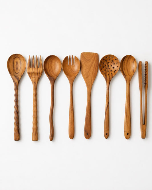 Teak Wood Kitchen Utensil Set, Handmade Wooden Cooking Utensils, Set of 3, 5, or 8