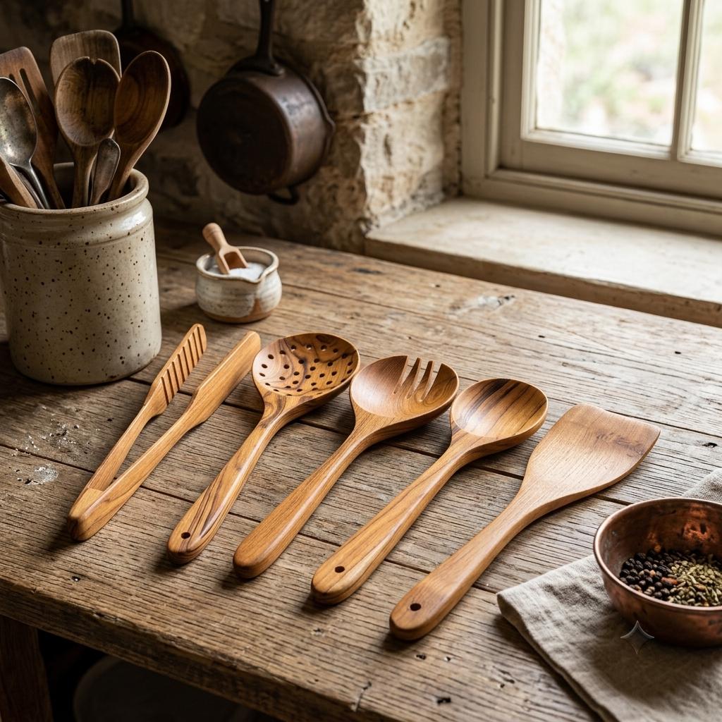 Teak Wood Kitchen Utensil Set, Handmade Wooden Cooking Utensils, Set of 3, 5, or 8