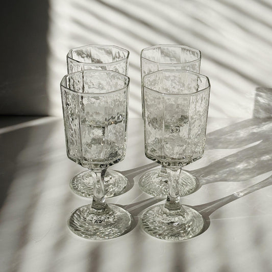 Vintage Libbey Facets Stemmed Wine Glass Goblets - Set of Four (4)