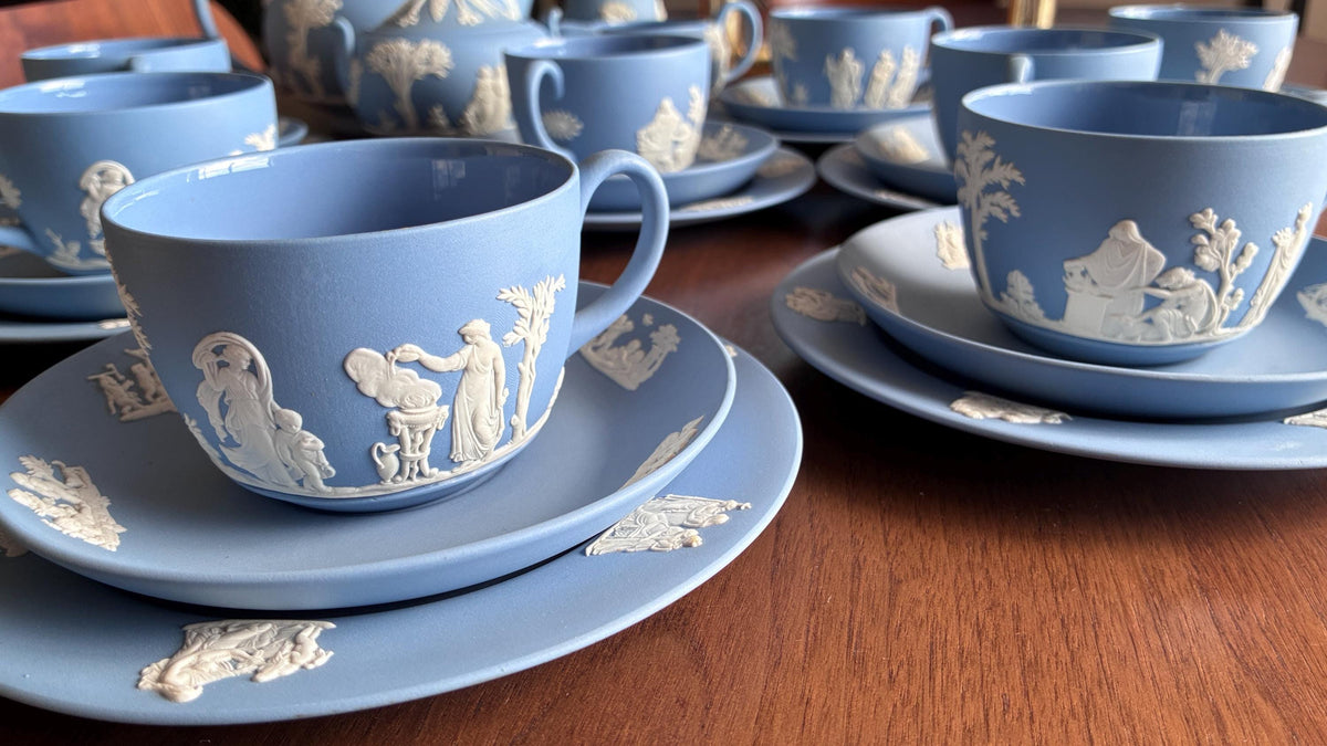Wedgwood Blue Jasperware Tea Set with Neoclassical Reliefs