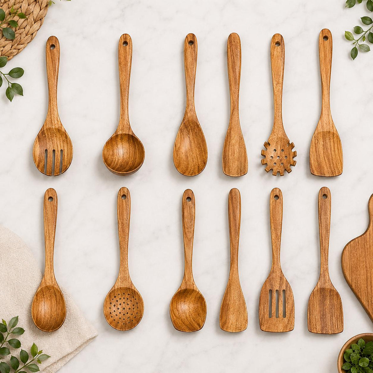 Wooden Kitchen Utensil Set, 10 Piece Wooden Cooking Tools, Natural Wood Spoons & Spatulas, Non Stick Cookware Utensils