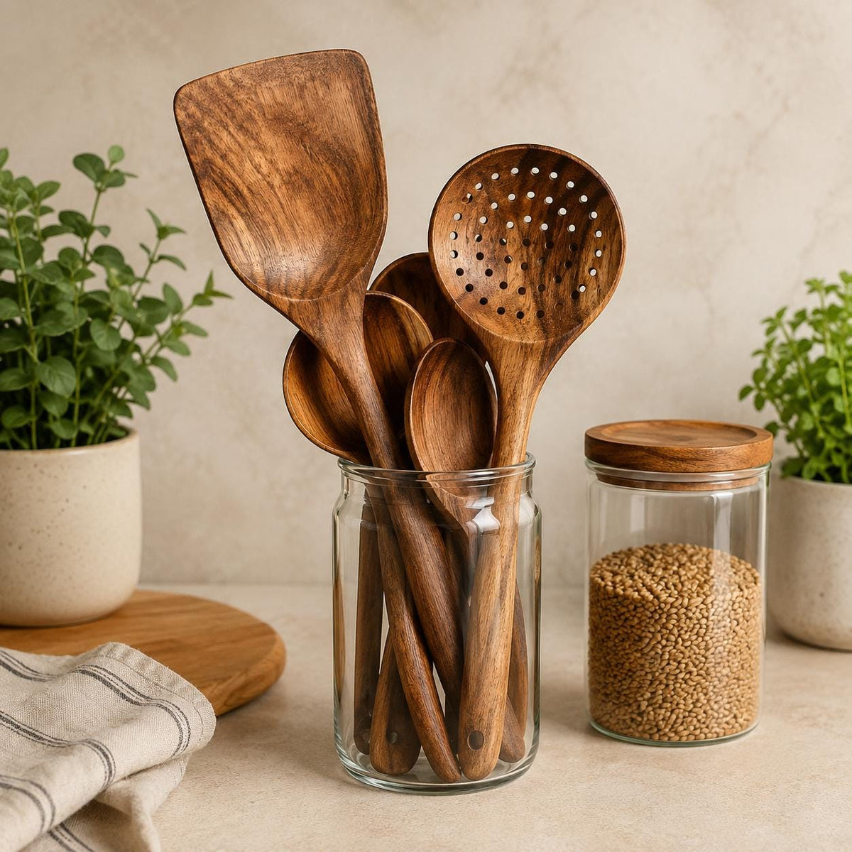 Wooden Kitchen Utensil Set, 10 Piece Wooden Cooking Tools, Natural Wood Spoons & Spatulas, Non Stick Cookware Utensils