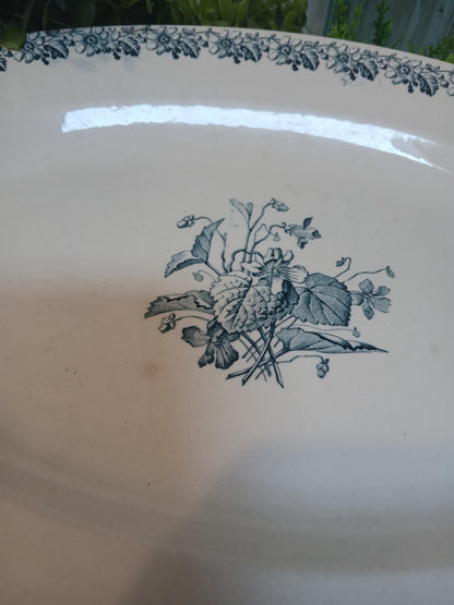 Vintage French Terre de Fer Serving Platter, Floral Pattern, Ironstone