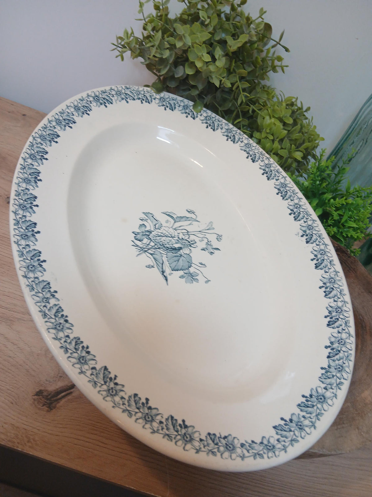 Vintage French Terre de Fer Serving Platter, Floral Pattern, Ironstone