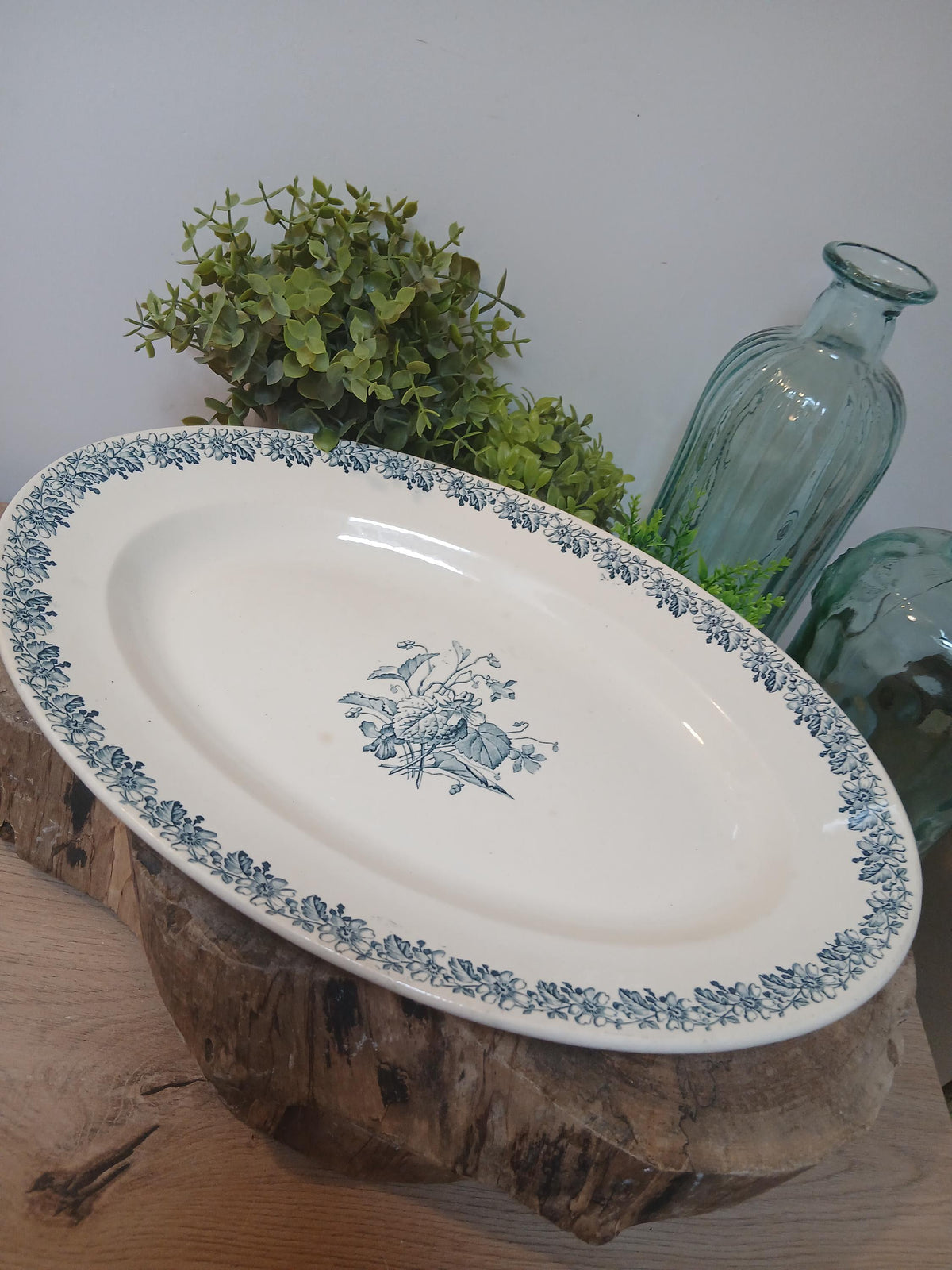 Vintage French Terre de Fer Serving Platter, Floral Pattern, Ironstone