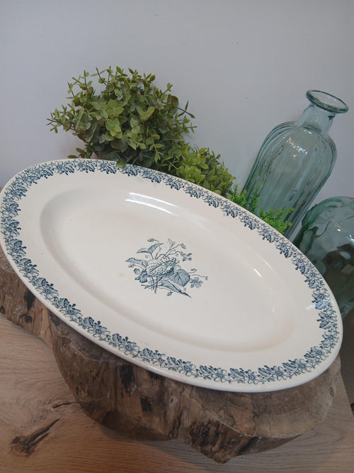 Vintage French Terre de Fer Serving Platter, Floral Pattern, Ironstone