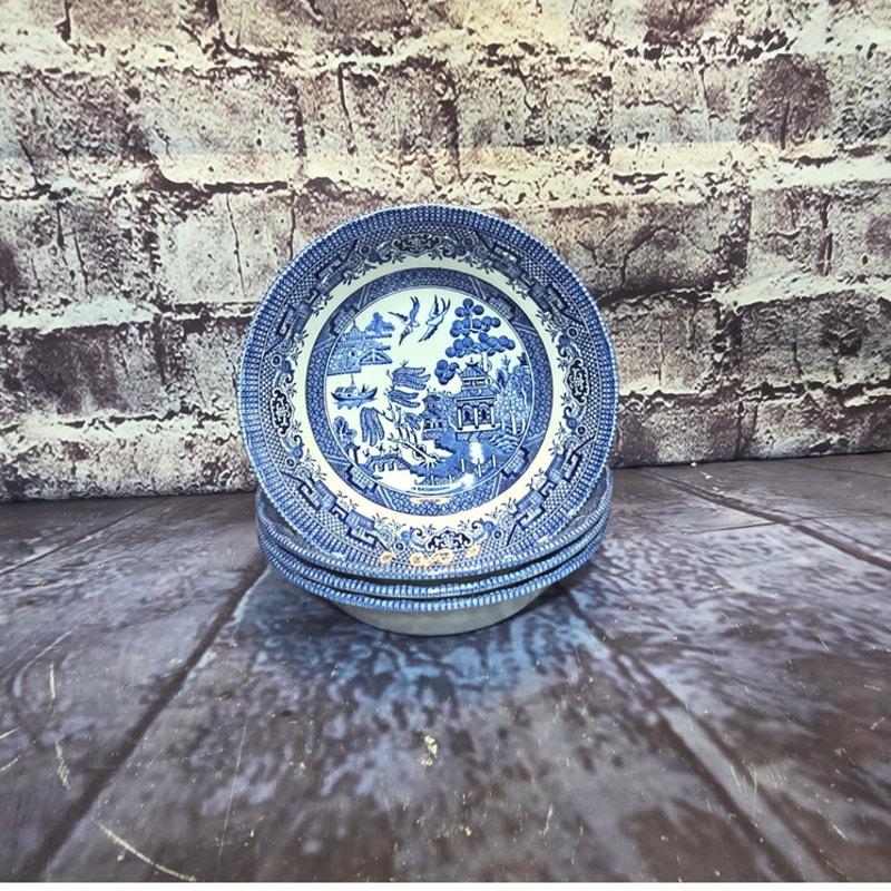 Vintage Set of 12 Dinnerware Blue Willow (Swirl Rim, England) by Royal Wessex