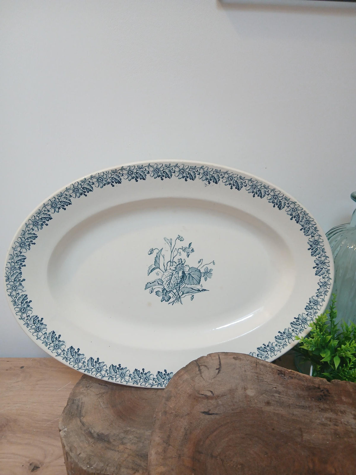Vintage French Terre de Fer Serving Platter, Floral Pattern, Ironstone
